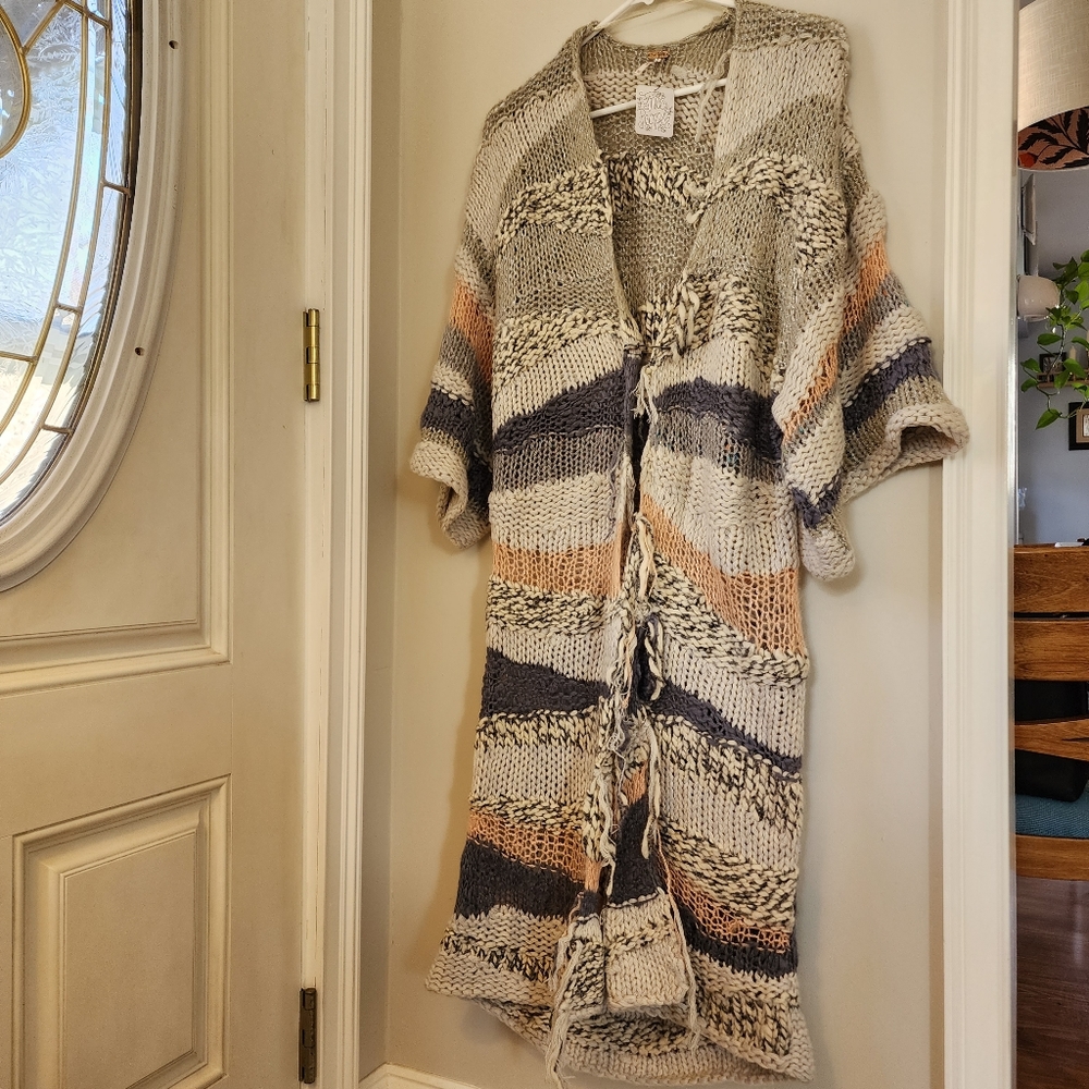 NWT Free People Sands of Time cardigan, size XS, dusty pink/blue-grey/silver